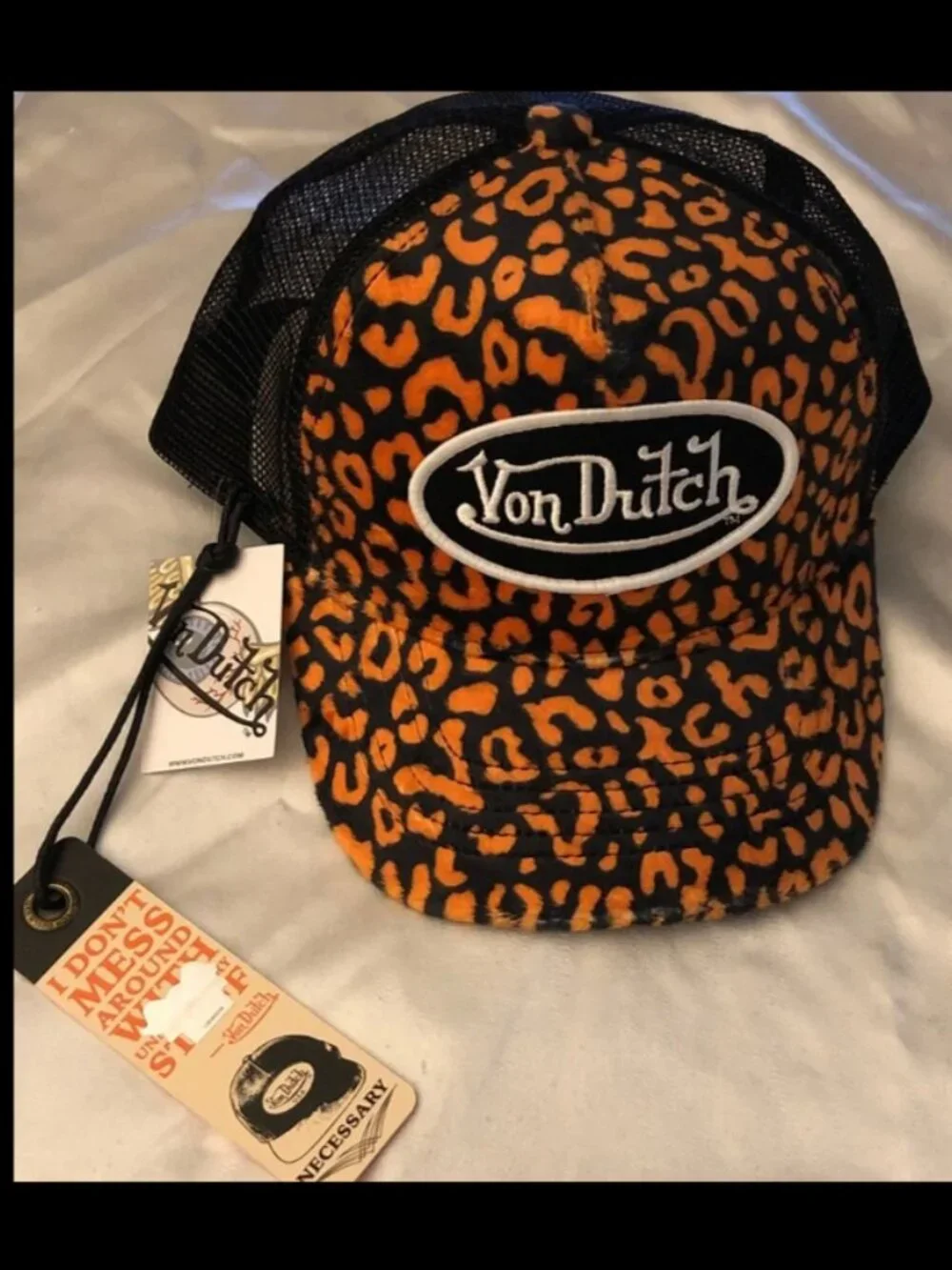 Von Dutch - Orange Cheetah Crushed Velvet/Black Mesh Trucker Cap - NWT